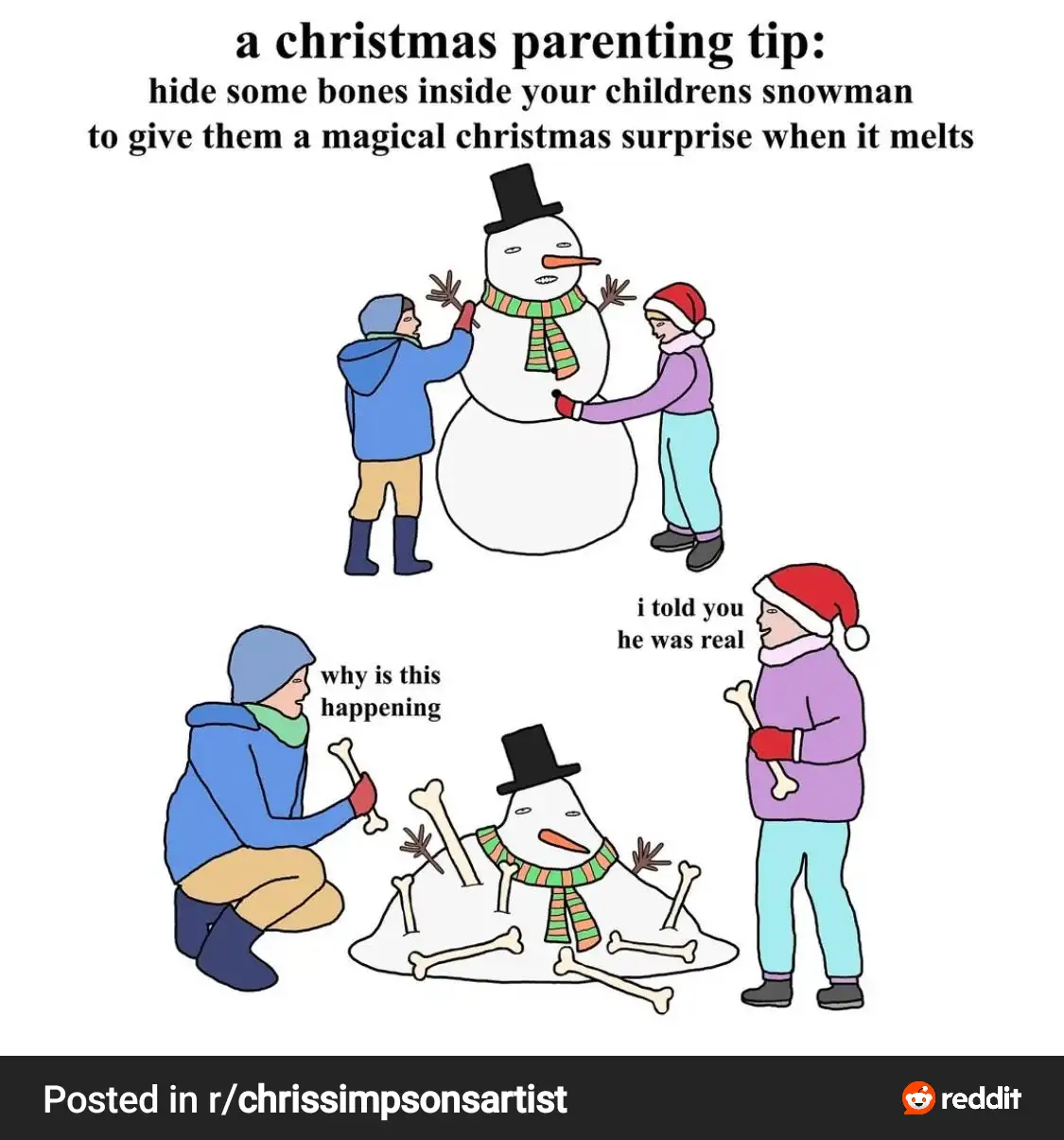 The image shows two children building a snowman with a top hat and scarf. The top panel has text suggesting hiding bones…