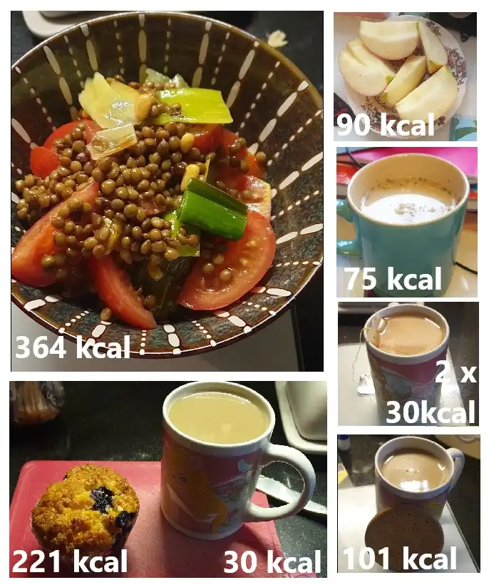 A collage of seven food items with their calorie counts labeled: a lentil salad (364 kcal), sliced apples (90 kcal), a mug…