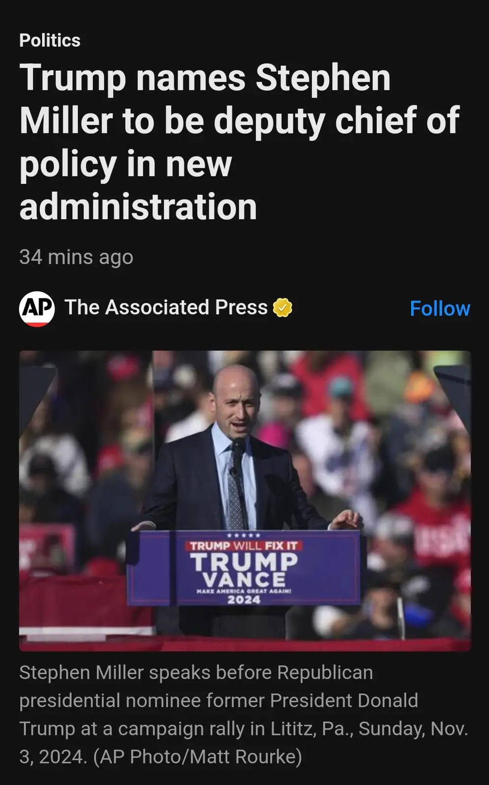 A screenshot of a news article from The Associated Press shows Stephen Miller speaking at a campaign rally. He stands behind…