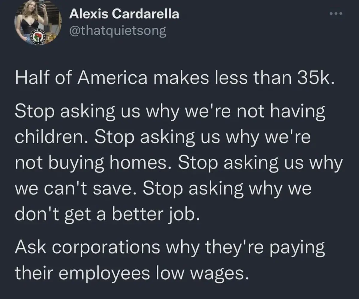 A screenshot of a tweet by Alexis Cardarella (@thatquietsong) with white text on a dark background. The tweet states that…