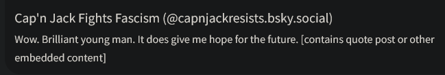 A dark-themed social media post interface displays text overlaid on a black background. The text reads 'Cap'n Jack Fights…