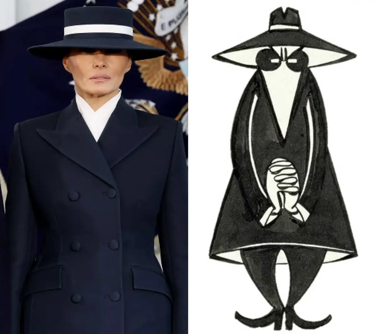 The image is a side-by-side comparison: on the left, Melania Trump wearing a dark navy double-breasted coat and a matching…