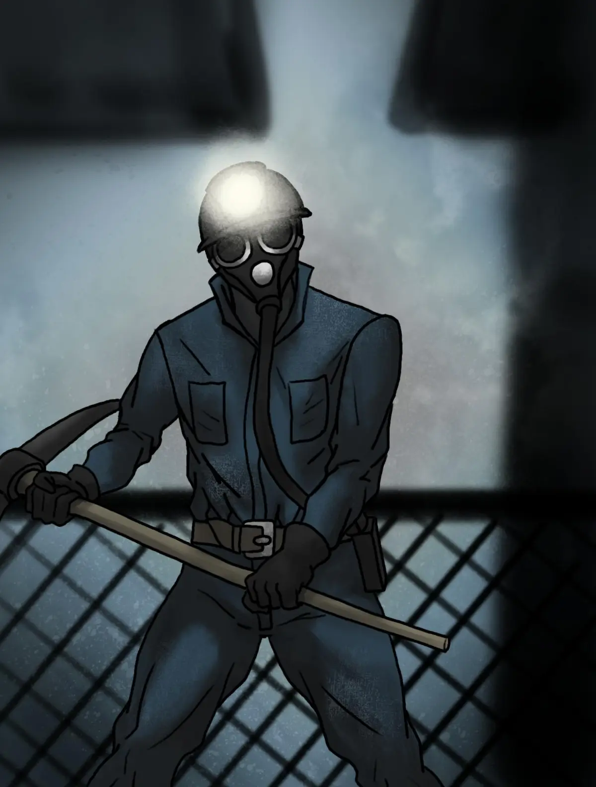 A cartoon miner wearing a helmet with a headlamp, a gas mask, and work clothes, holding a pickaxe in a dim, gritty…