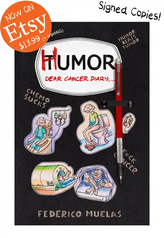 The image displays a black notebook cover titled 'HUMOR' with 'DEAR CANCER DIARY,...' written below. It features four…