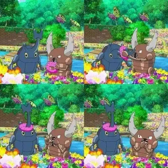 A four-panel meme featuring two Pokémon, a blue Heracross and a brown Bidoof, in a garden. In the first panel, they both…