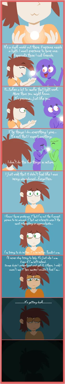 A comic strip shows a brown-haired character giving glowing orbs to friends, expressing deep emotional vulnerability about…