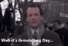 Six panels show actor Bill Murray in a scene from the movie 'Groundhog Day,' wearing a suit and scarf, standing outdoors in…