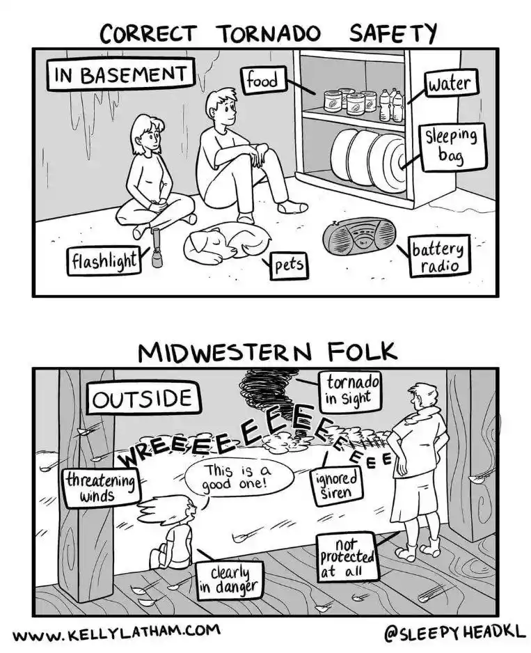 A two-panel comic compares proper tornado safety (people in a basement with supplies) to a humorous depiction of 'Midwestern…