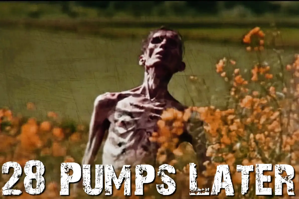 A severely emaciated, skeletal human figure stands in a field of orange flowers, head tilted back, with distressed…