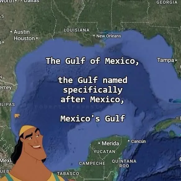 A map of the Gulf of Mexico overlaid with white text reading 'The Gulf of Mexico, the Gulf named specifically after Mexico…
