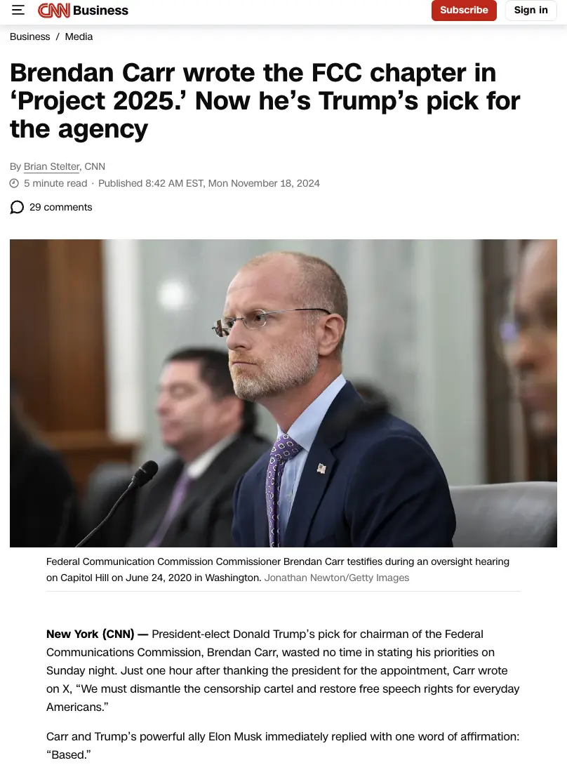 A screenshot of a CNN Business article shows a photo of Brendan Carr, a man with glasses and a beard wearing a suit and tie…