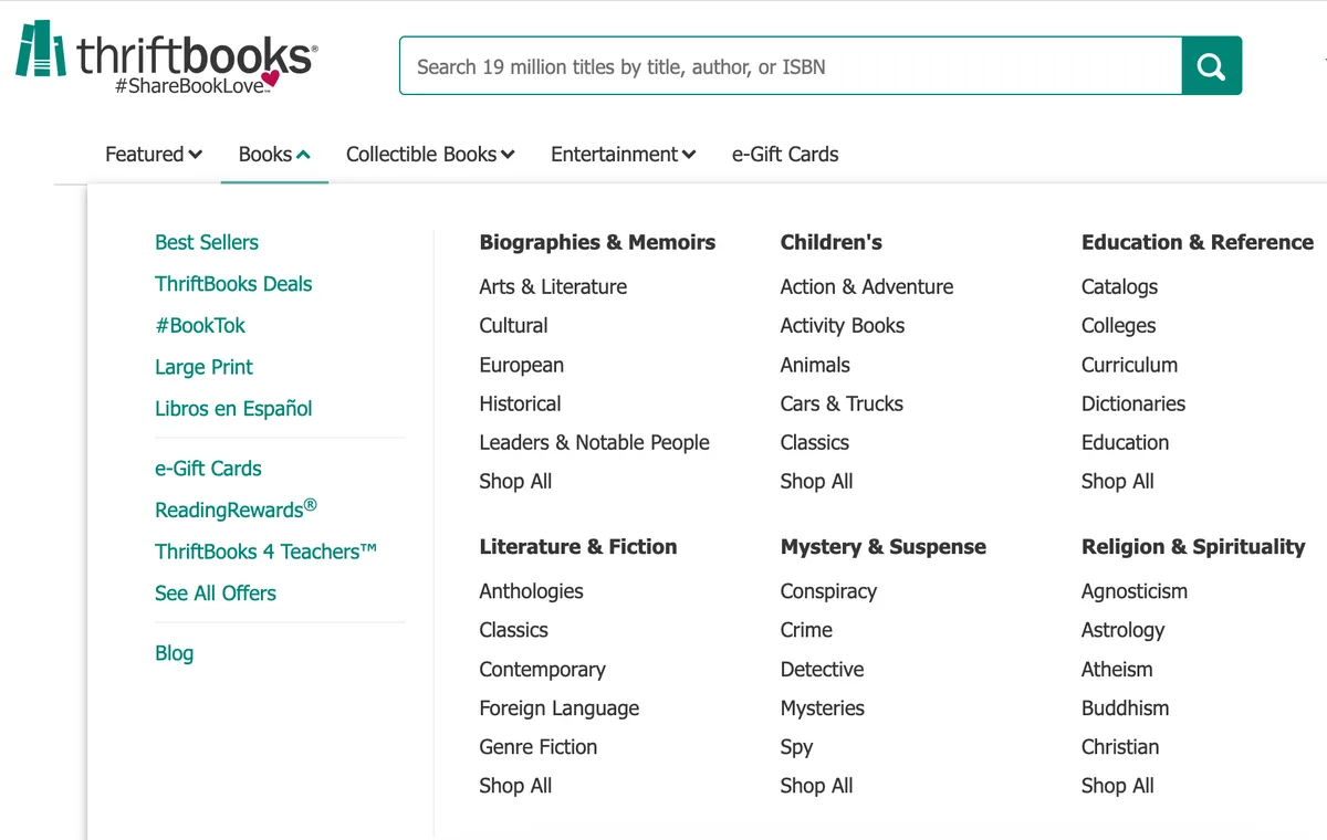A screenshot of the ThriftBooks website's 'Books' category dropdown menu, showing various book genres like Biographies &…