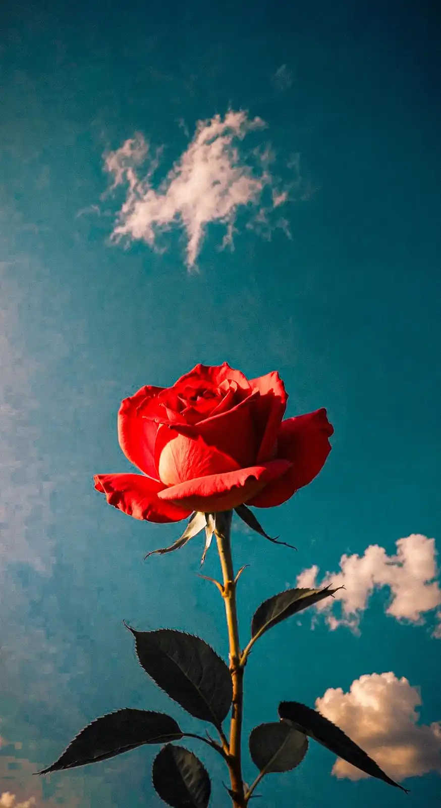 A single red rose with dark green leaves and a yellow stem is shown against a vibrant blue sky with scattered white clouds…
