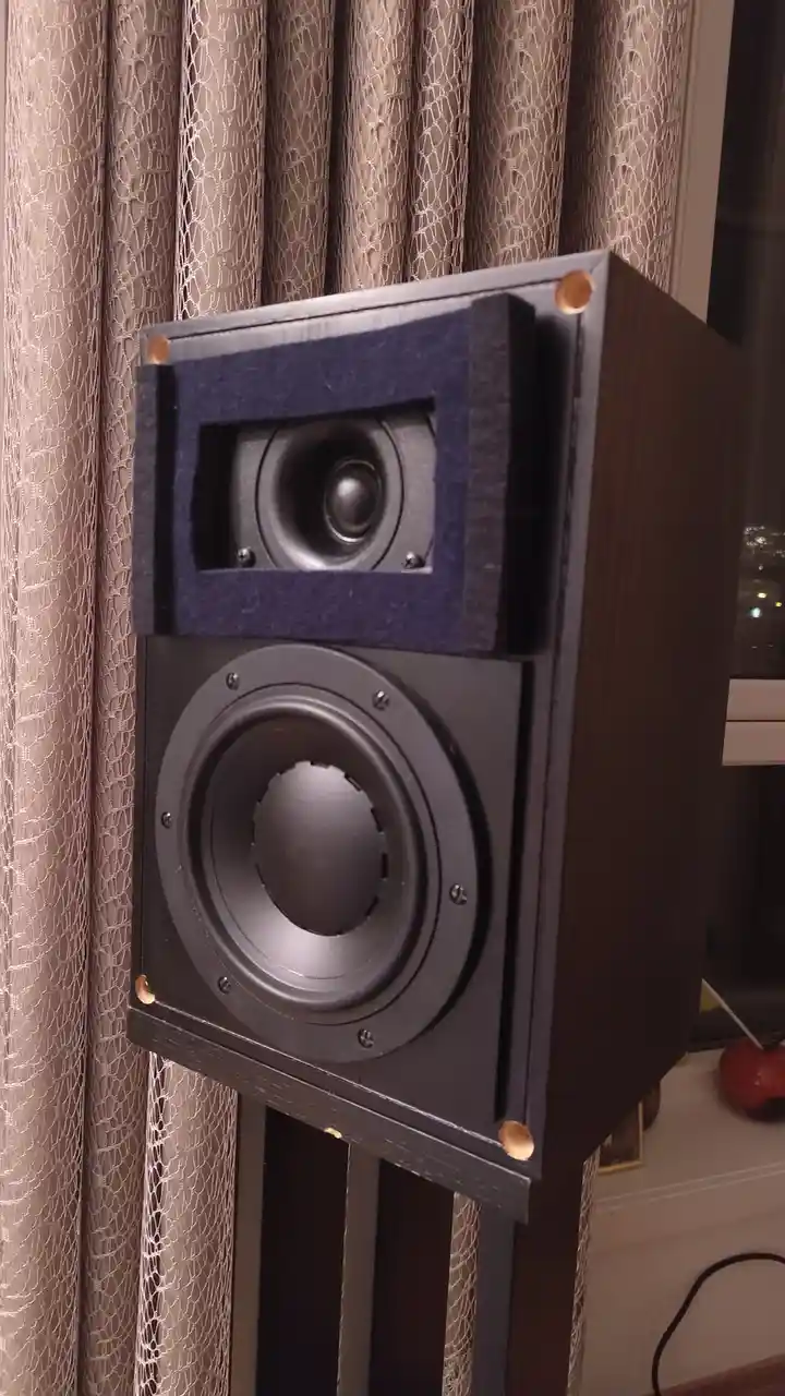 A close-up photo of a tall, dark wooden speaker with a large woofer and a smaller tweeter, both housed in a custom-built…