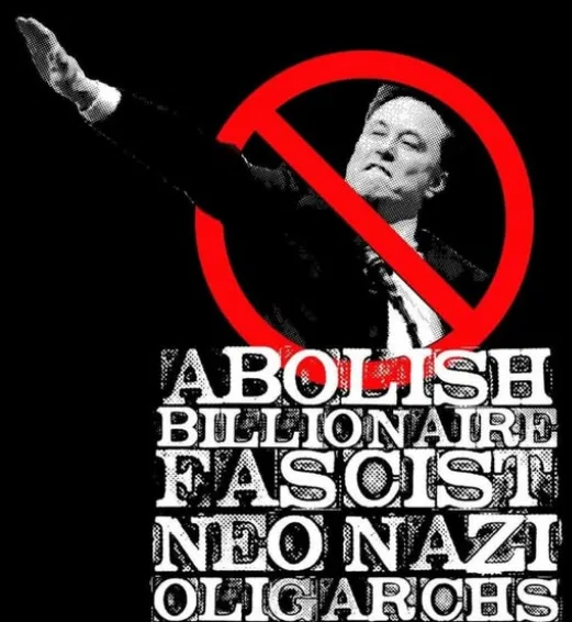 A black-and-white image of Elon Musk with his right arm raised in a salute, overlaid with a large red prohibition symbol…