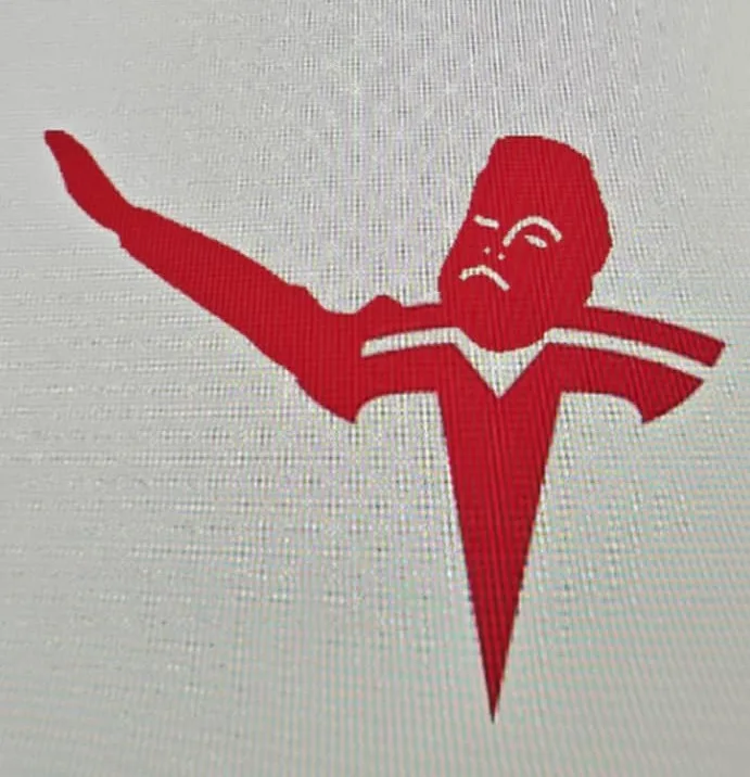A red silhouette of a person in a martial arts pose with a stern expression, superimposed over a white background that…