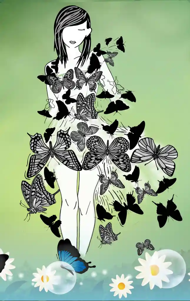 A stylized illustration shows a serene woman with closed eyes, her body covered in numerous black and white butterflies…
