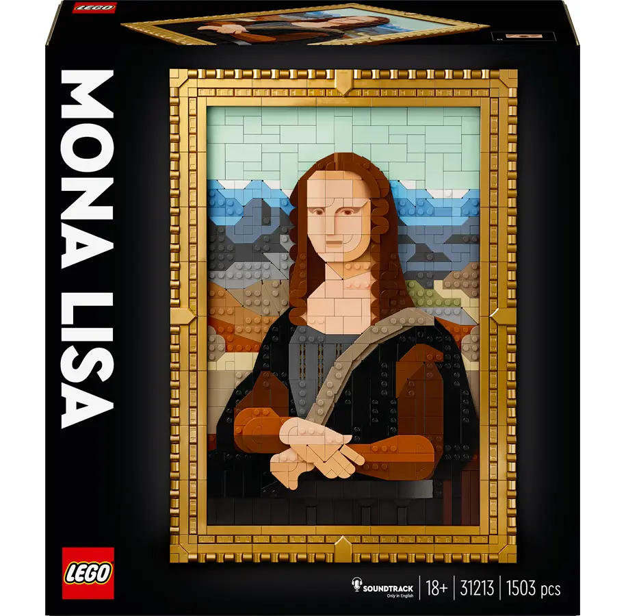 A LEGO product box for the 'Mona Lisa' set, featuring a pixelated recreation of Leonardo da Vinci's painting made from LEGO…
