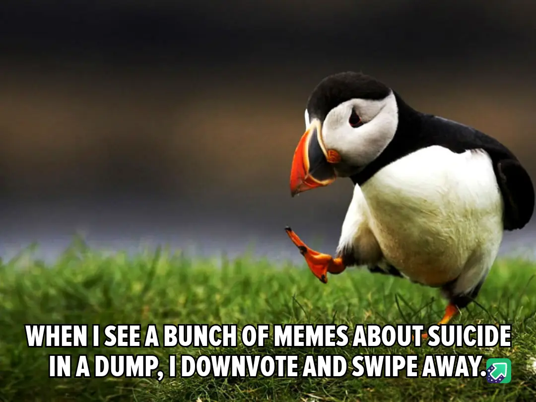 A puffin stands on green grass with a blurred background, looking down with a dejected expression. White bold text overlaid…
