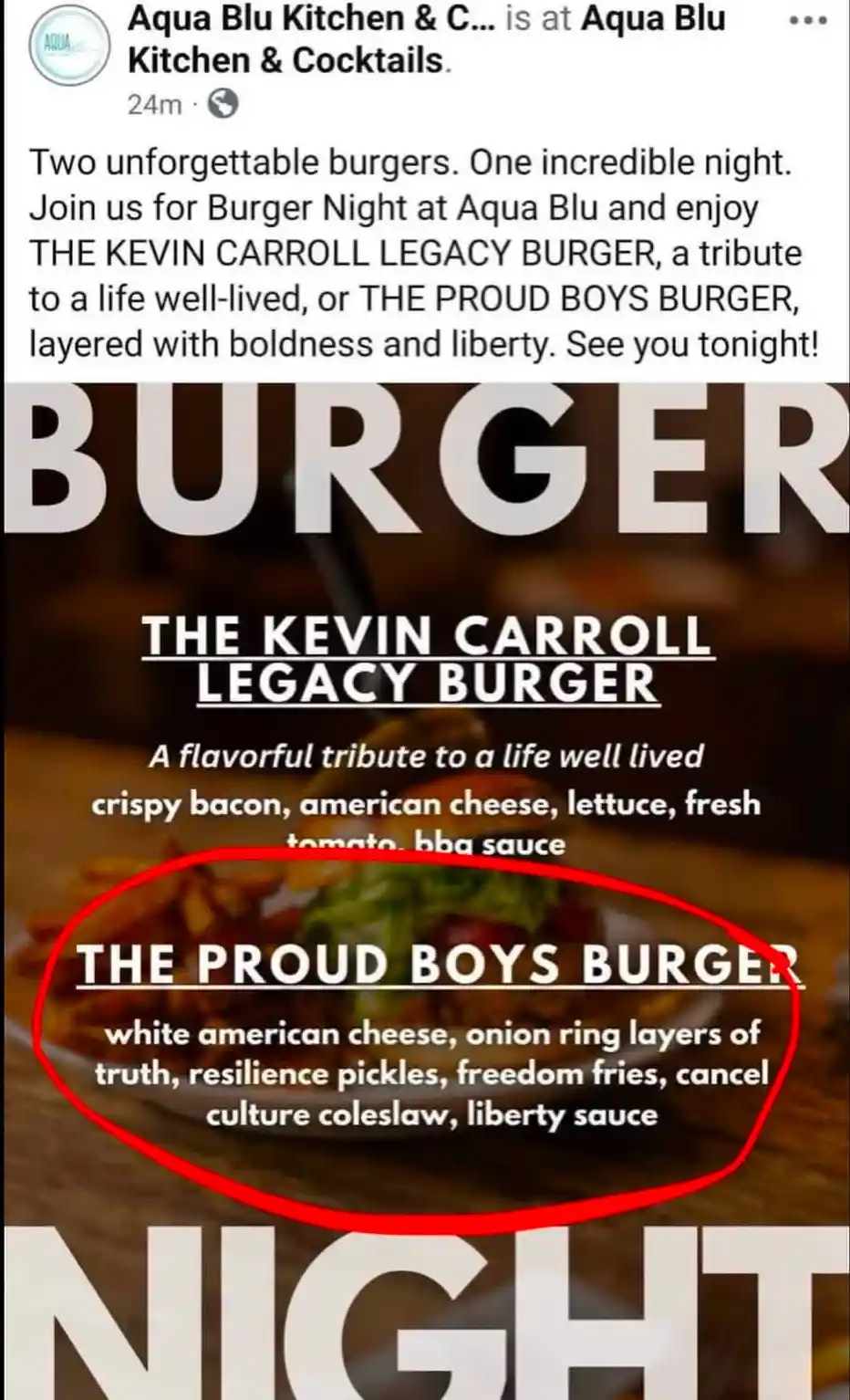 A screenshot of a restaurant's social media post advertising 'Burger Night' with two named burgers. The 'Kevin Carroll…