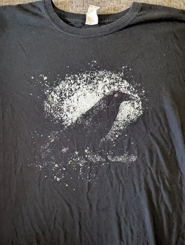 A black t-shirt with a faded, splattered white graphic of a bird, possibly a crow or raven, with a small red dot for an eye…