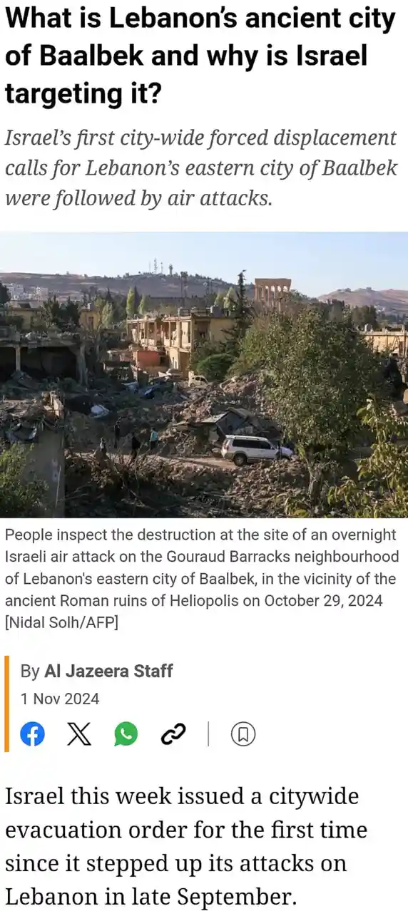 A news article screenshot shows a photo of rubble and destroyed buildings in Baalbek, Lebanon, with a white SUV partially…