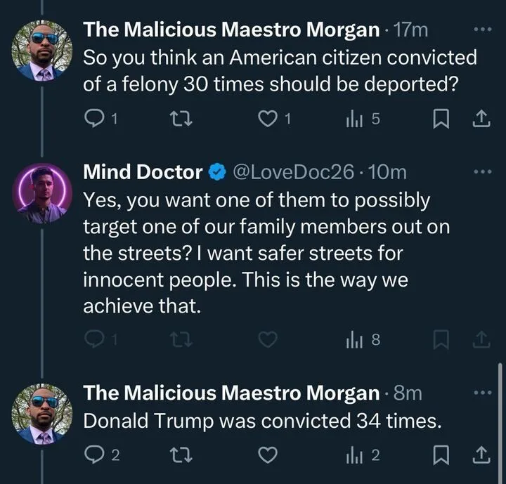 A screenshot of a Twitter thread showing a user named 'The Malicious Maestro Morgan' asking if an American citizen convicted…