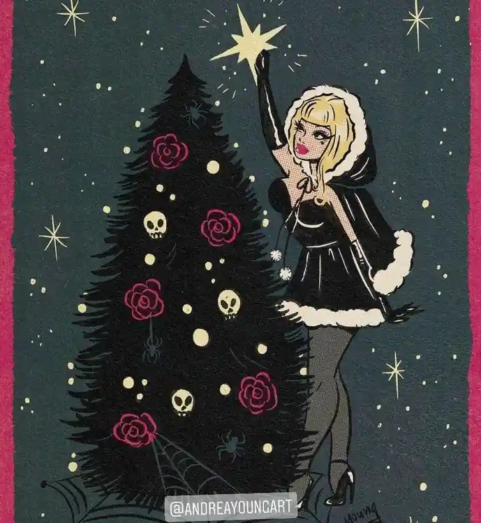 A stylized illustration shows a blonde woman in a black hooded coat with white fur trim, standing beside a dark Christmas…