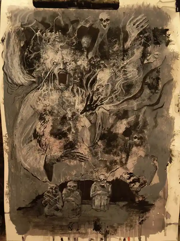 A dark, sepia-toned, chaotic painting depicts a monstrous, screaming entity with multiple limbs, skulls, and writhing…