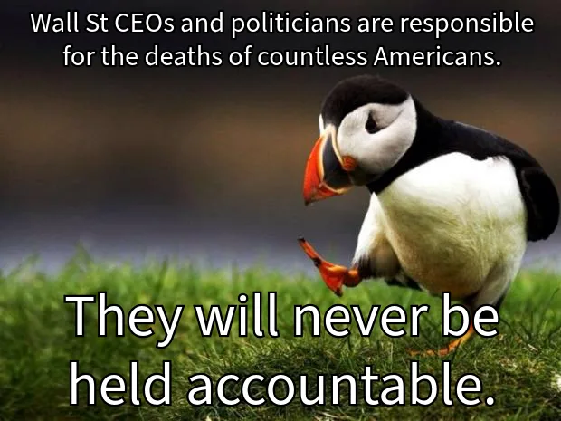 A penguin stands on grass, looking down with a sad or resigned expression. White text overlaid on the image reads: 'Wall St…