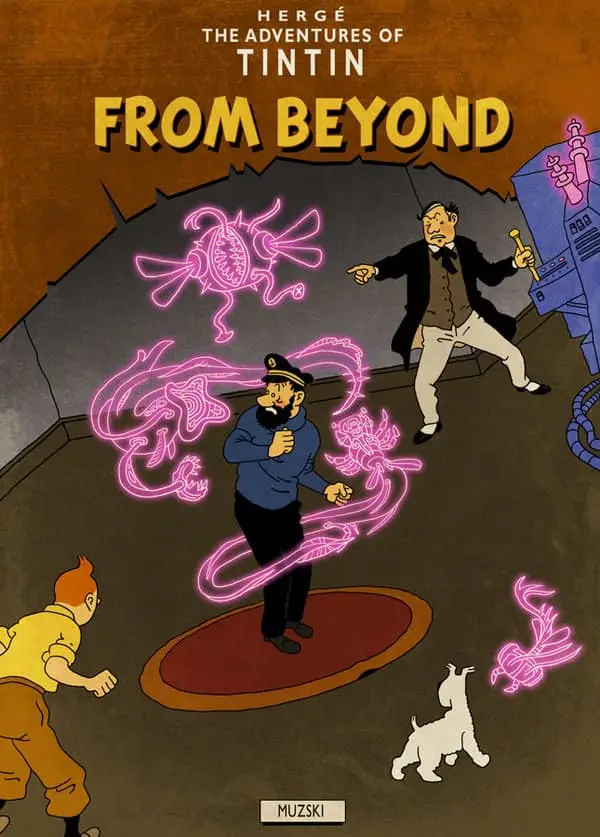 A digitally altered Tintin comic book cover where Captain Haddock stands in a circle surrounded by glowing pink alien…