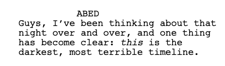 A black background with white text. The top line reads 'ABED'. Below it, a paragraph reads: 'Guys, I've been thinking about…