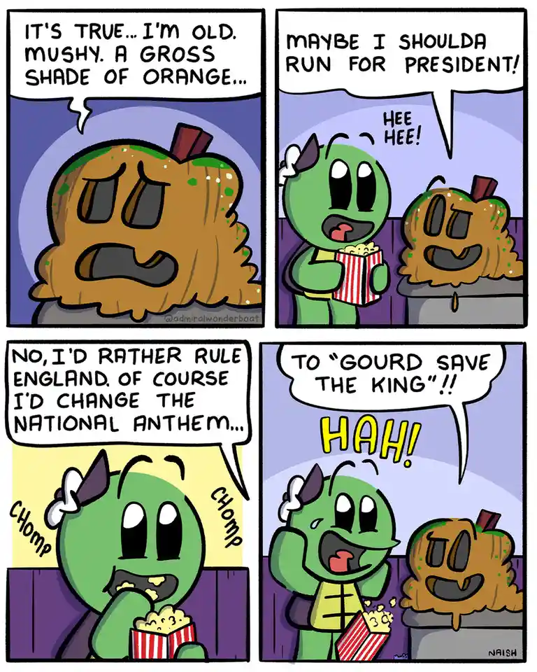 A four-panel comic strip featuring two cartoon characters: a brown, mushy, pumpkin-like creature and a green, horned…