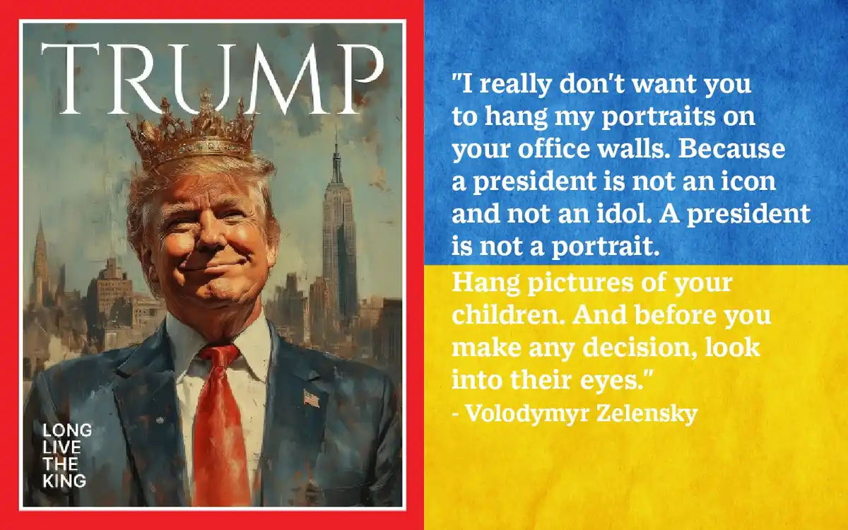 An image of Donald Trump wearing a crown, set against a cityscape with the word 'TRUMP' above him and 'LONG LIVE THE KING'…