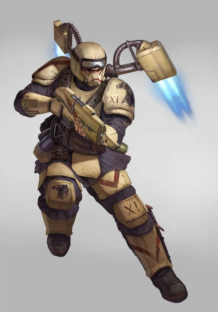 A heavily armored soldier in beige and dark purple gear, wielding a futuristic rifle and carrying a large backpack with blue…