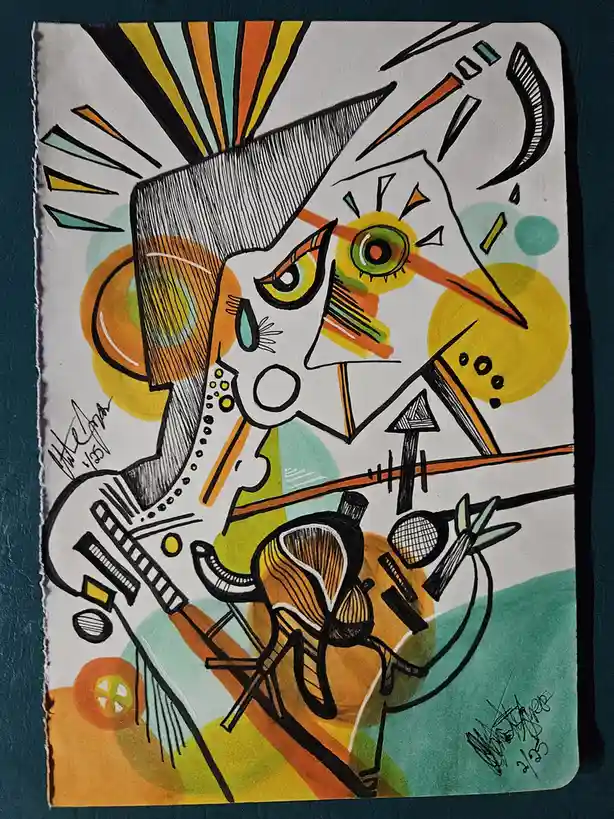 A colorful, abstract, stylized drawing depicts a person with a sharp, angular face, one eye with a tear, and a dramatic…