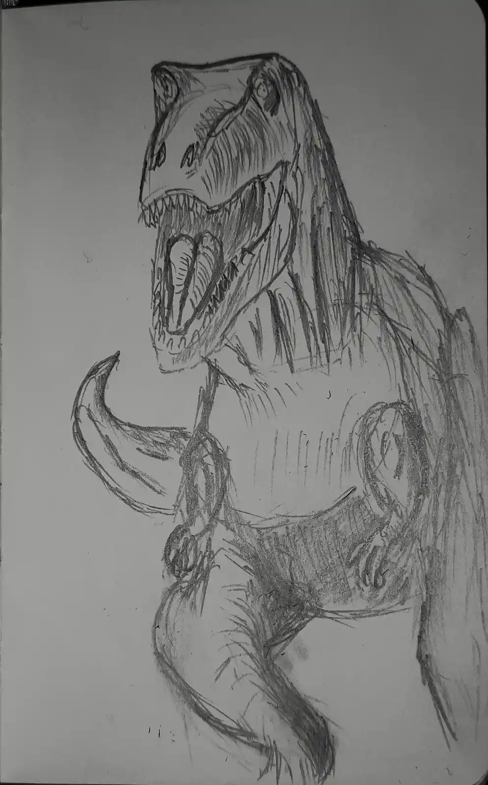 A pencil sketch of a Tyrannosaurus Rex with its mouth open, showing sharp teeth, and its body partially visible. The drawing…