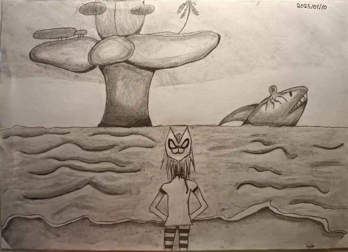 A pencil drawing shows a person standing on a beach facing a shark emerging from the water, which has an octopus perched on…