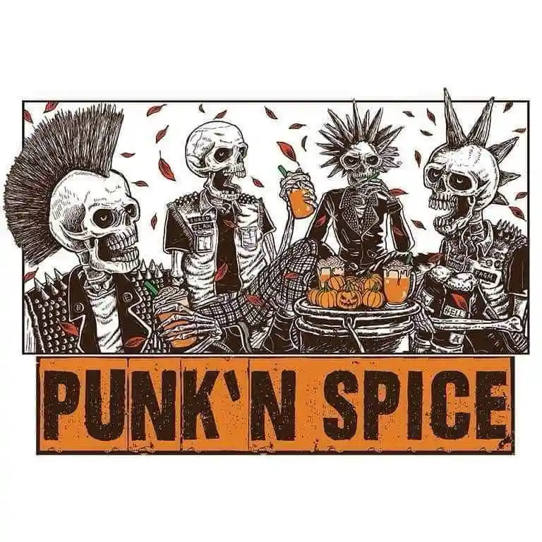 Four punk rock skeletons with mohawks and spiked jackets are gathered around a table with pumpkin drinks and small pumpkins…