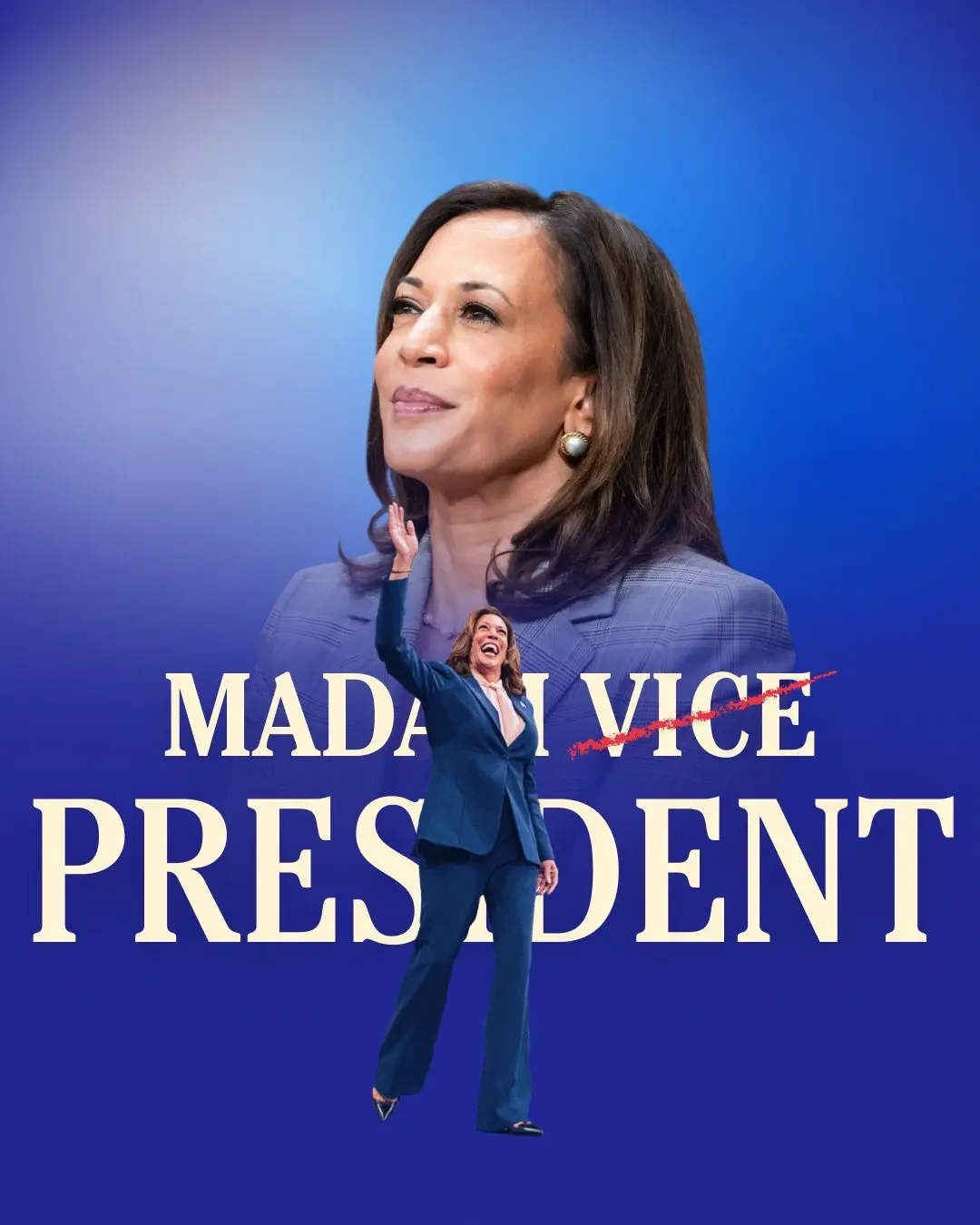 A large portrait of Kamala Harris is overlaid with a smaller image of her laughing and waving, positioned over the words…