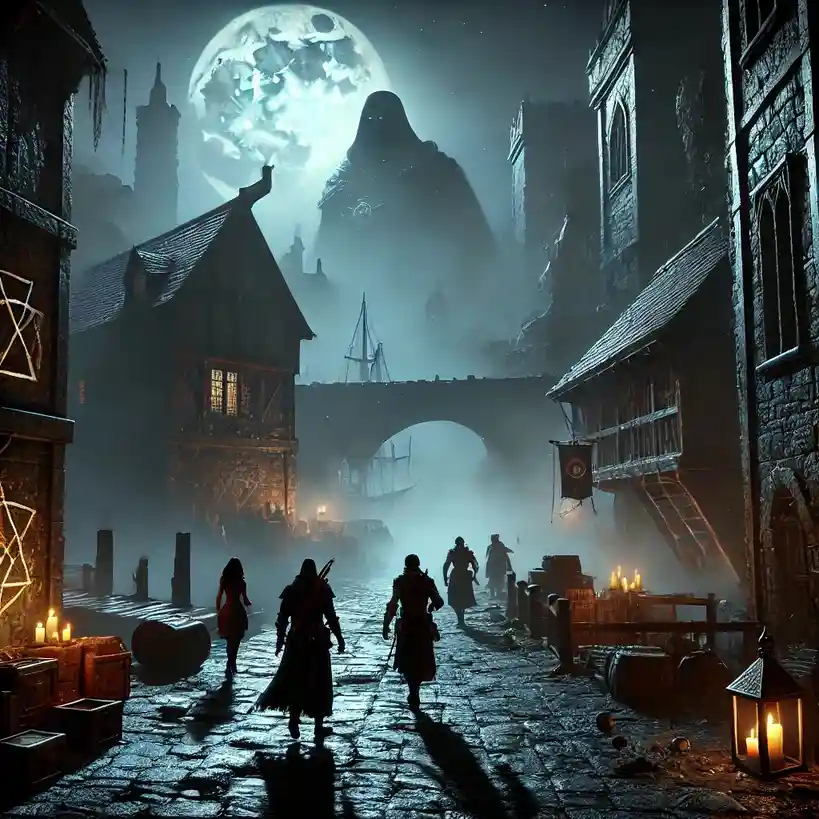 A dark, atmospheric fantasy scene depicts several silhouetted figures walking down a cobblestone street at night, flanked by…
