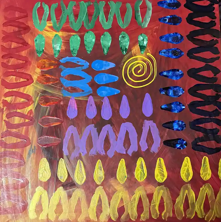 A colorful, childlike painting features concentric rows of painted teardrop shapes in green, blue, purple, and yellow…