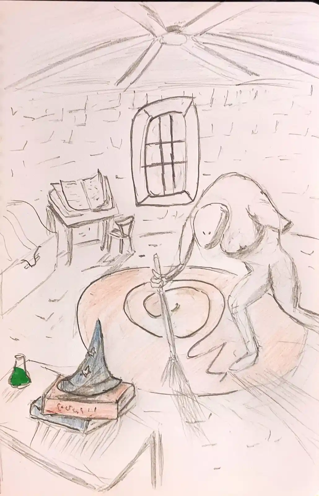 A hand-drawn sketch depicts a simple, dimly lit room with stone walls, a window, and a ceiling fan. In the center, a small…
