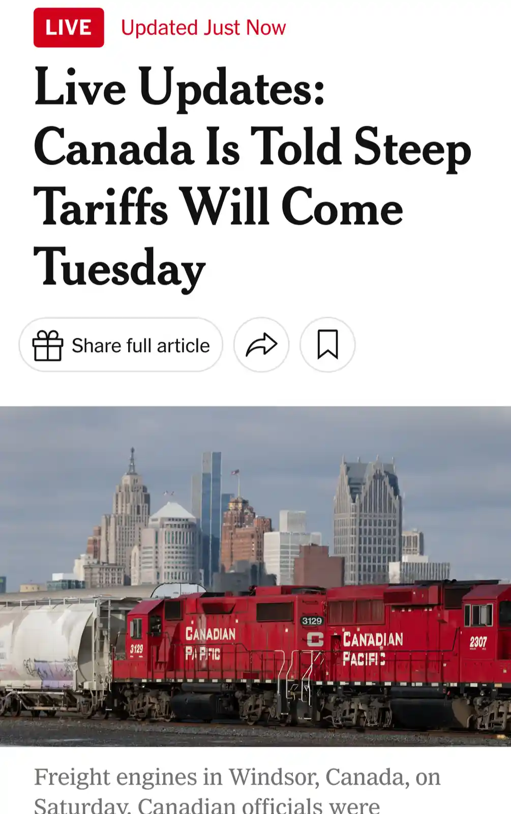 A screenshot of a news article with a headline reading 'Live Updates: Canada Is Told Steep Tariffs Will Come Tuesday'…