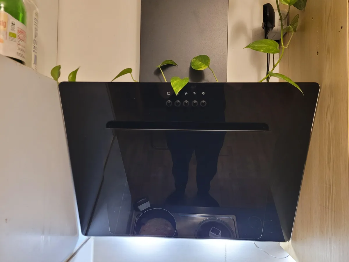 A black glass range hood in a kitchen has green vine leaves growing out of its top edge. The reflective surface shows the…