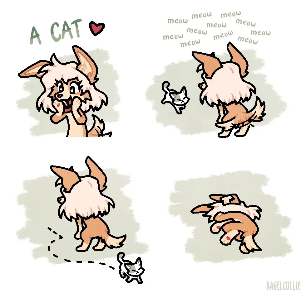 A four-panel comic shows a fluffy, anthropomorphic dog character reacting to a small cat. In the first panel, the dog looks…