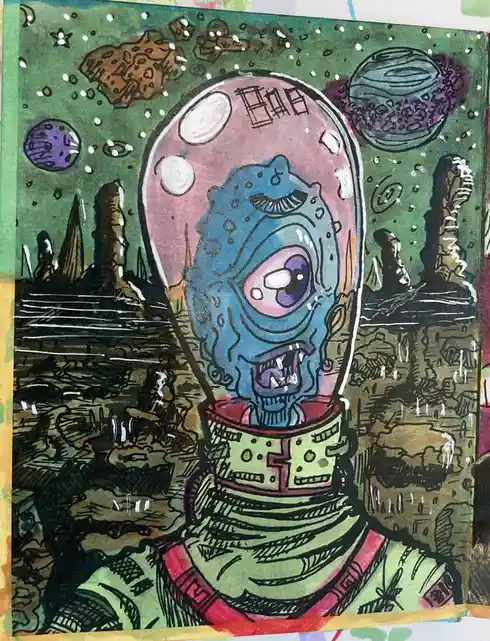 A hand-drawn, colorful illustration depicts a blue, one-eyed alien creature wearing a space helmet and suit, standing on a…
