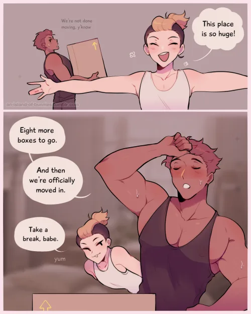 Two anime-style characters are moving boxes. The woman in the top panel, arms outstretched, exclaims 'This place is so…