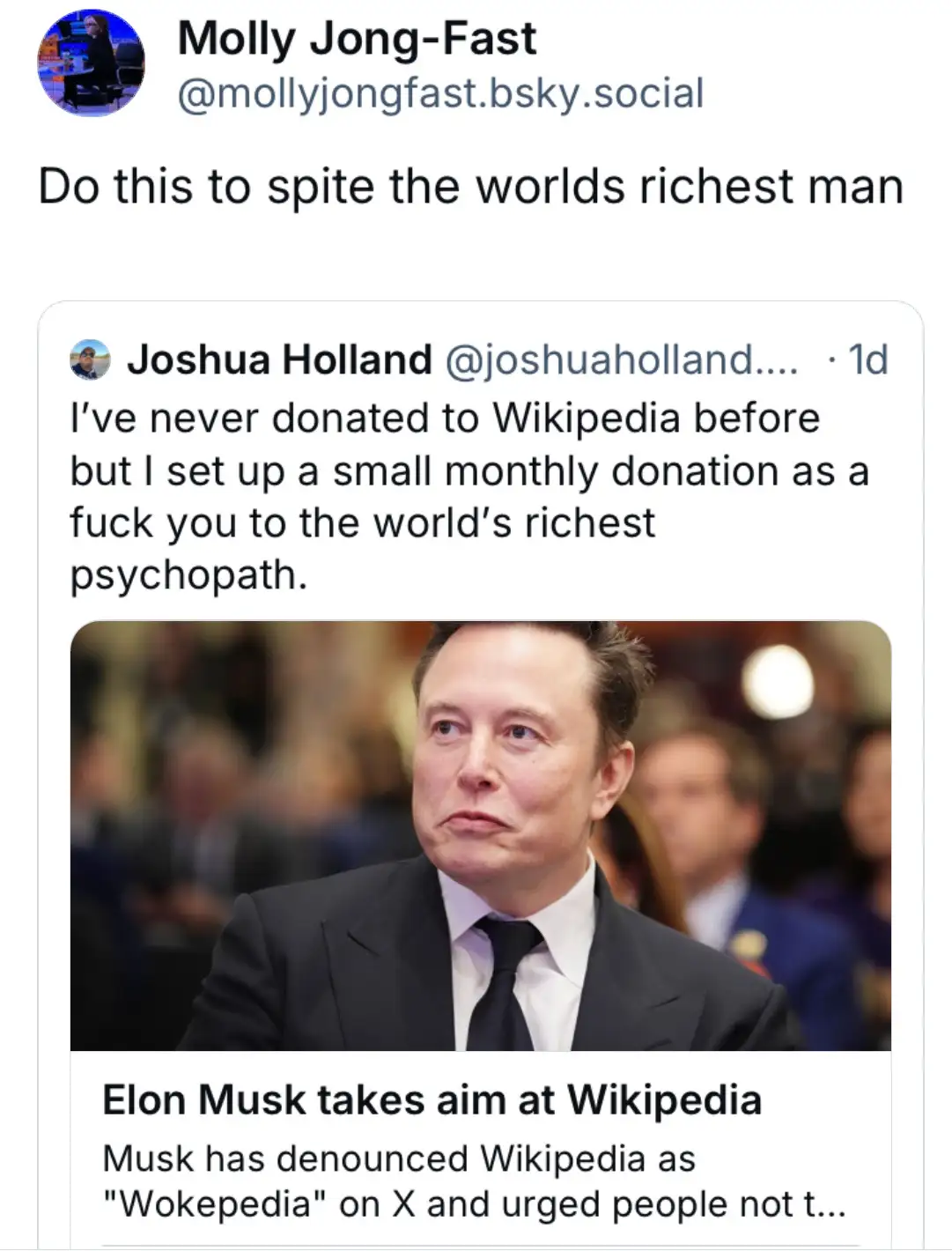 A screenshot of a social media post by Molly Jong-Fast reposting a tweet from Joshua Holland. The tweet says, 'I've never…