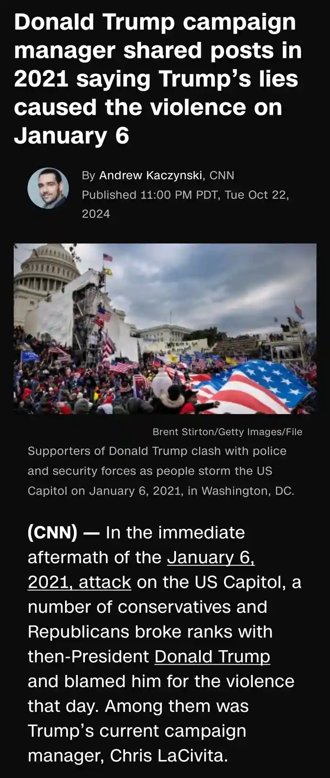 The image displays a screenshot of a CNN news article with a headline stating 'Donald Trump campaign manager shared posts in…